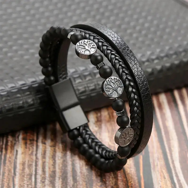 Men's Leather Bracelet with Stainless Steel Tree of Life Charm - Stylish Multi-Layer Fashion Accessory