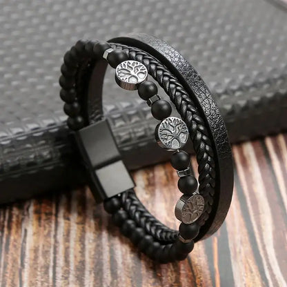 Men's Leather Bracelet with Stainless Steel Tree of Life Charm - Stylish Multi-Layer Fashion Accessory