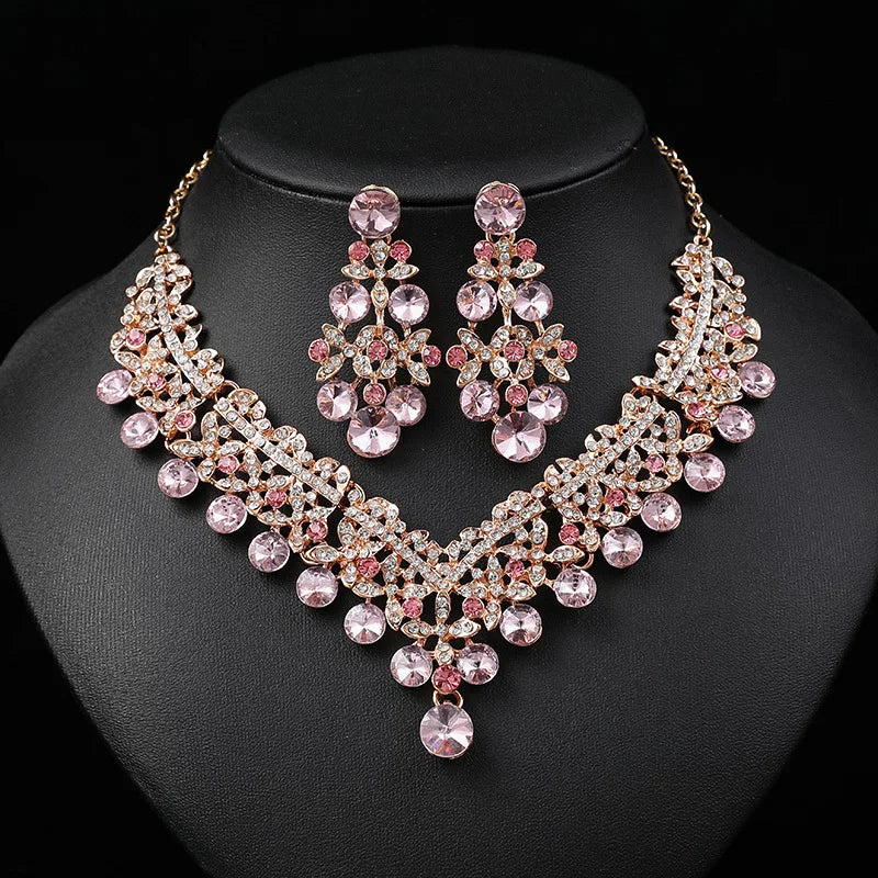 Rhinestone Luxury Flower Choker Necklace & Earrings Set - Top-Rated Bridal Jewelry Gold Pink