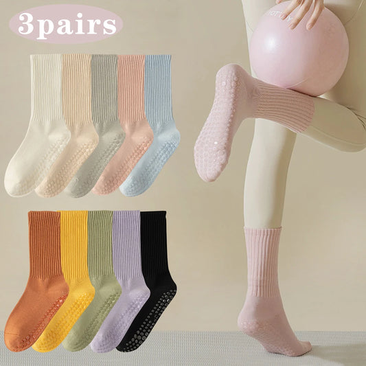 3 Pairs Cotton Anti Slip Yoga Socks Medium Length For Women
