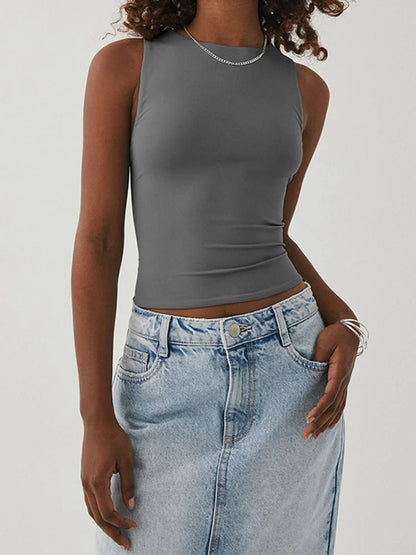 Women Sleeveless Racerback Round Neck Tight Knit Tank