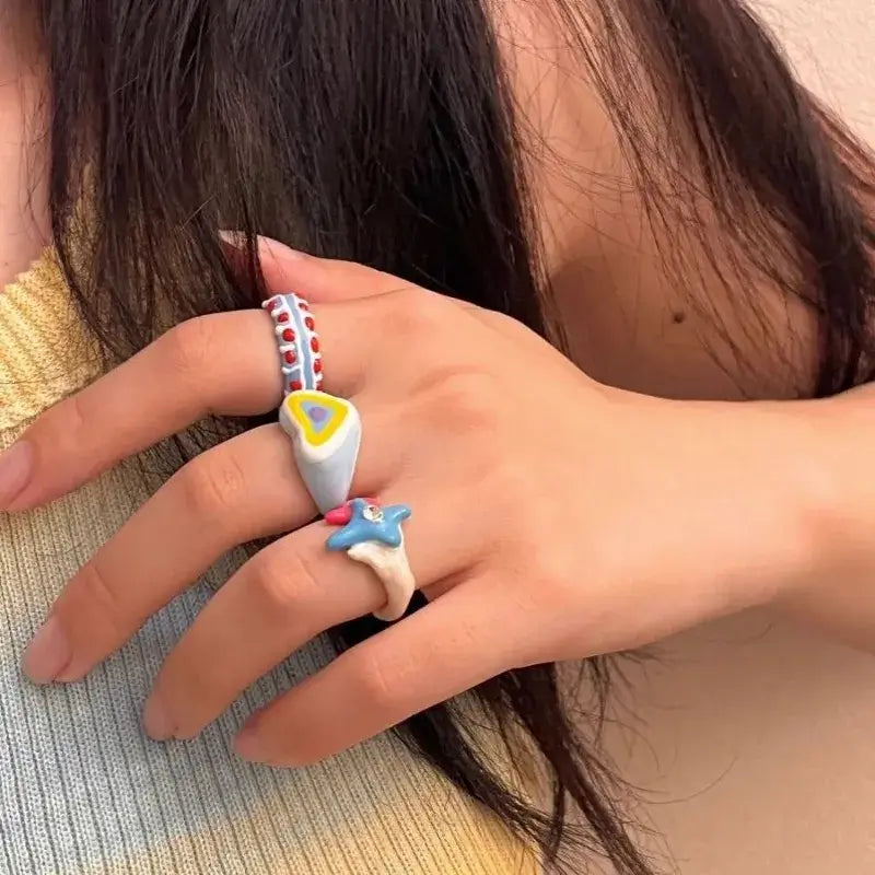 2025 Colorful Enamel Heart Sweet Ring Trendy Geometric Dripping Oil for Women