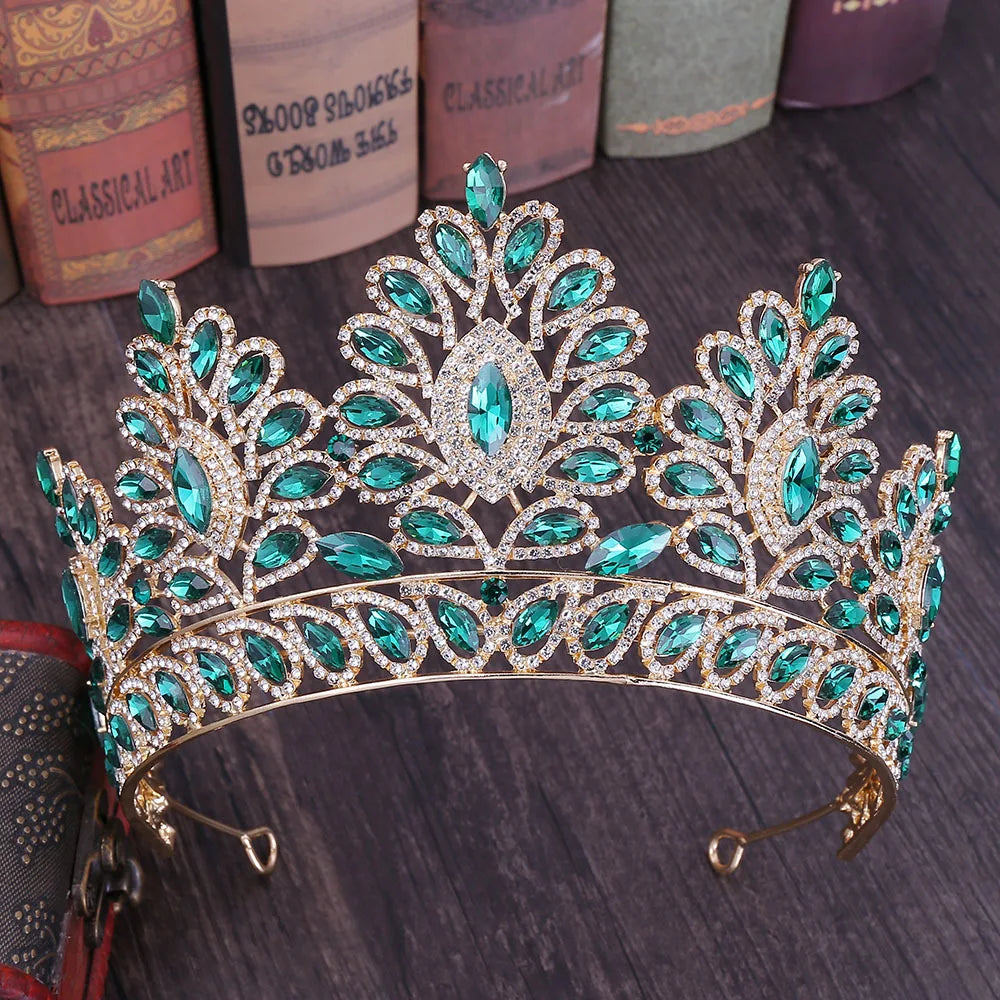 Luxury Bride Tiara - Baroque Crystal Crown with Rhinestones, Top-Rated Wedding Accessory Green