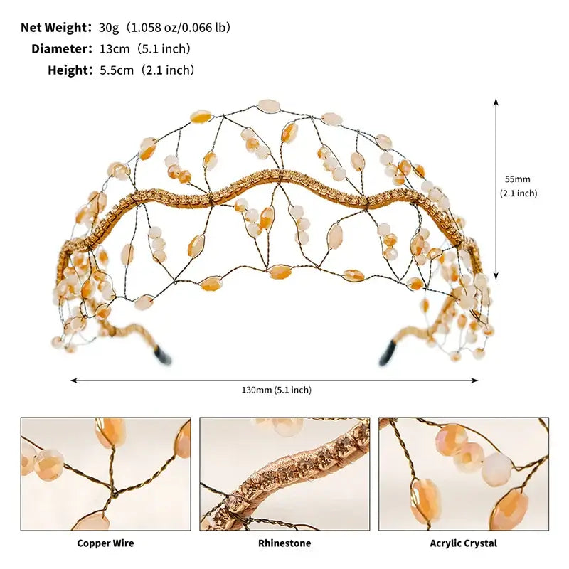 Women Luxury Crystal Bead Bridal Headband Royal Crown Tiara