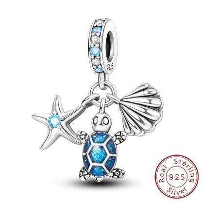 925 Sterling Silver Ocean Turtle Beach Charms Blue Shell