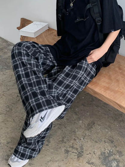 Black Plaid Wide Leg Pants Women Casual Harajuku Streetwear