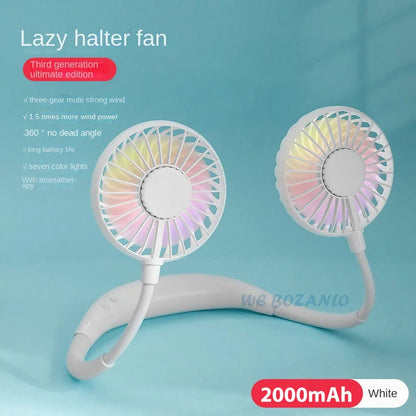 USB Portable Fan Cold Fan Hands Free Neck Fan 3-Speed Adjustable Mini Sports Fan Home Office white with light