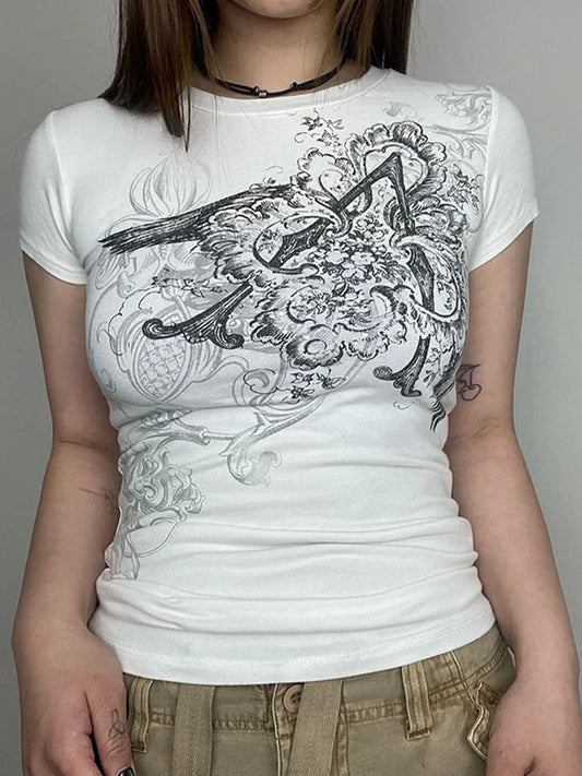 Retro Graphic Crop Top White O Neck Tee For Women Y2K Style