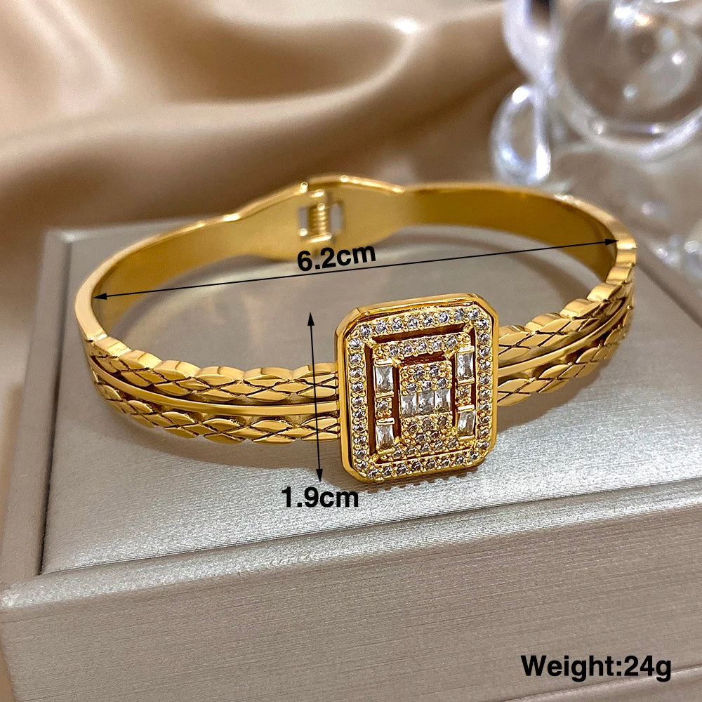 Square Stainless Steel Bangle Bracelet with Rhinestones for Women Cuff Fashion Waterproof Jewelry Gifts