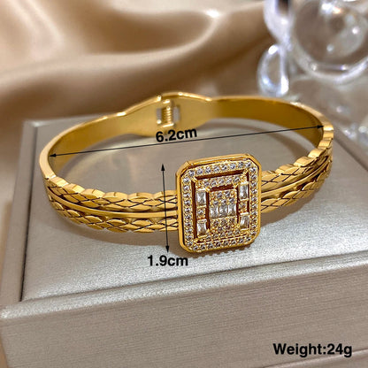 Square Stainless Steel Bangle Bracelet with Rhinestones for Women Cuff Fashion Waterproof Jewelry Gifts