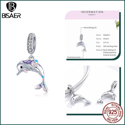 BISAER Ocean Charm 925 Sterling Silver Dolphin and Mermaid Bead with Blue CZ for DIY Jewelry EFC159 CHINA