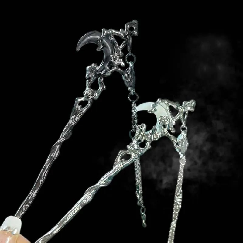 Elegant Black Crystal Moon Tassel Hair Stick For Women Retro Floral Hanfu Hairpin