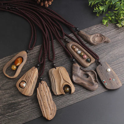 Vintage Long Sweater Chain Necklace for Women with Handmade Sandalwood Pendants in Ethnic Style