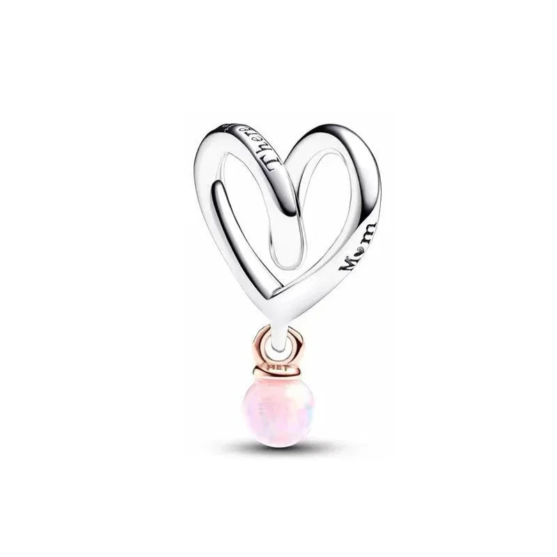 Romantic 925 Sterling Silver Pink Lipstick Heart Bow Rose Flower Zircon Charm Bead for DIY Bracelet Jewelry Gift