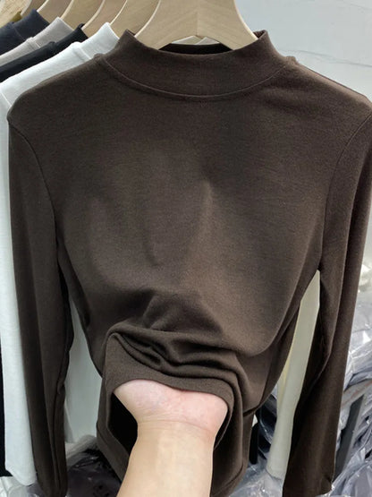 White Cotton Slim Fit Long Sleeve Half Turtleneck Women