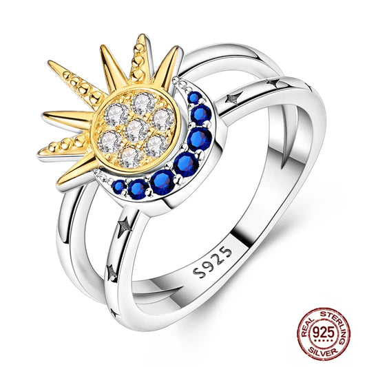 Hot Blue Zircon Ring for Women in 925 Sterling Silver Sparkling Star Moon Design Wedding Jewelry LLTR316