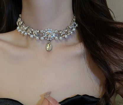 Crystal Water Drop Pendant Necklace for Women with Pearl Collarbone Chain