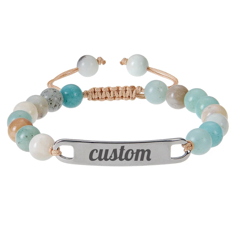 Personalized Custom Name ID Bracelet Handmade Natural Stone Braided Unisex Gift