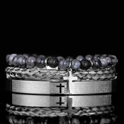 3pcs Set Men Stainless Steel Carving Bangle Cross Bracelet Set A