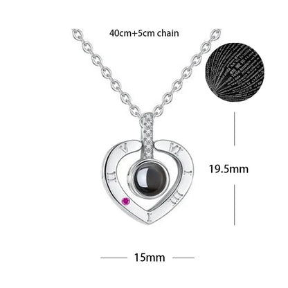 100 Languages I Love You Heart Pendant Necklace Romantic Projection Jewelry Gift for Women Roman Numerals Heart 40cm plus 5cm