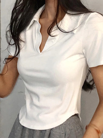 Women Summer Crop V Neck Slim Short Sleeve Knit Top