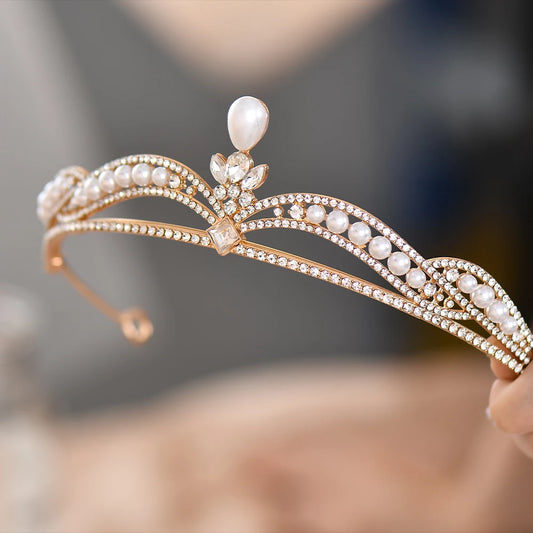 Elegant Crystal Pearl Tiara Headband for Women Bridal Rhinestone Crown Hair Accessory