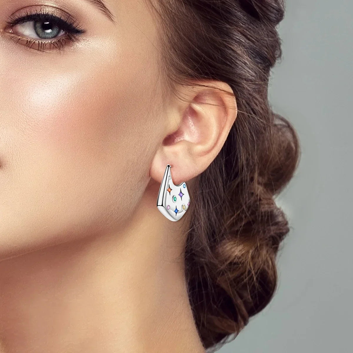 Luxury Colorful 925 Sterling Silver Hoop Earrings with Zircon Heart and Apple Pendants Birthday Gift for Women
