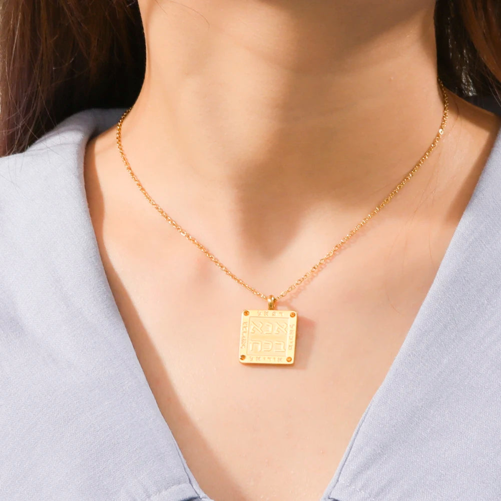 Hebrew Inscription Stainless Steel Birthstone Necklace for Men and Women
