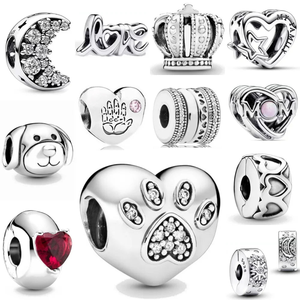 Diy White Pave Dog Paw Moon Bead 925 Sterling Silver Bracelet Necklace Jewelry for Women