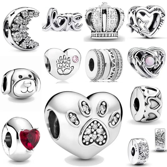 Diy White Pave Dog Paw Moon Bead 925 Sterling Silver Bracelet Necklace Jewelry for Women