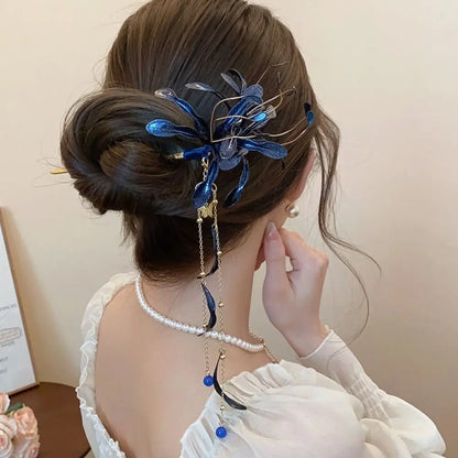 Exquisite Vintage Style Spider Lily Hair Sticks With Elegant Dripping Oil Tassels