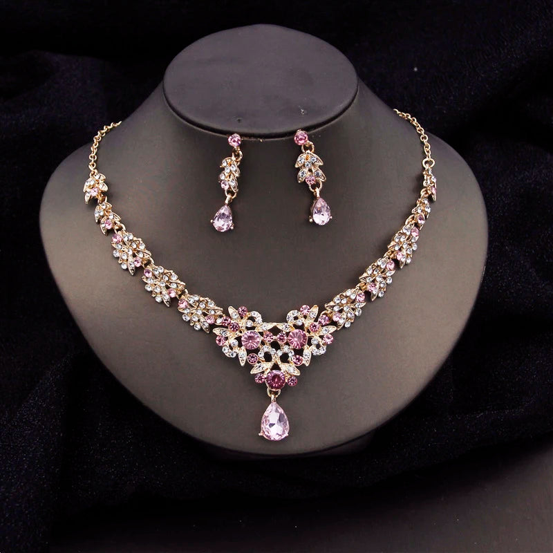 Water Drop Crystal Luxury Bridal Jewelry Set - Top-Rated Choker Necklace & Earrings for Weddings Pink