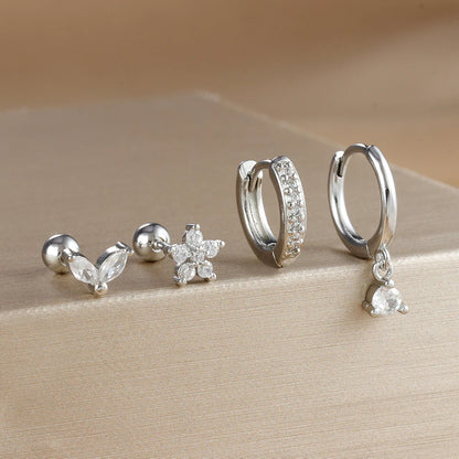 4PCS Gold Plated Stainless Steel Cubic Zirconia Star Leaves Hoop Earrings Set for Women