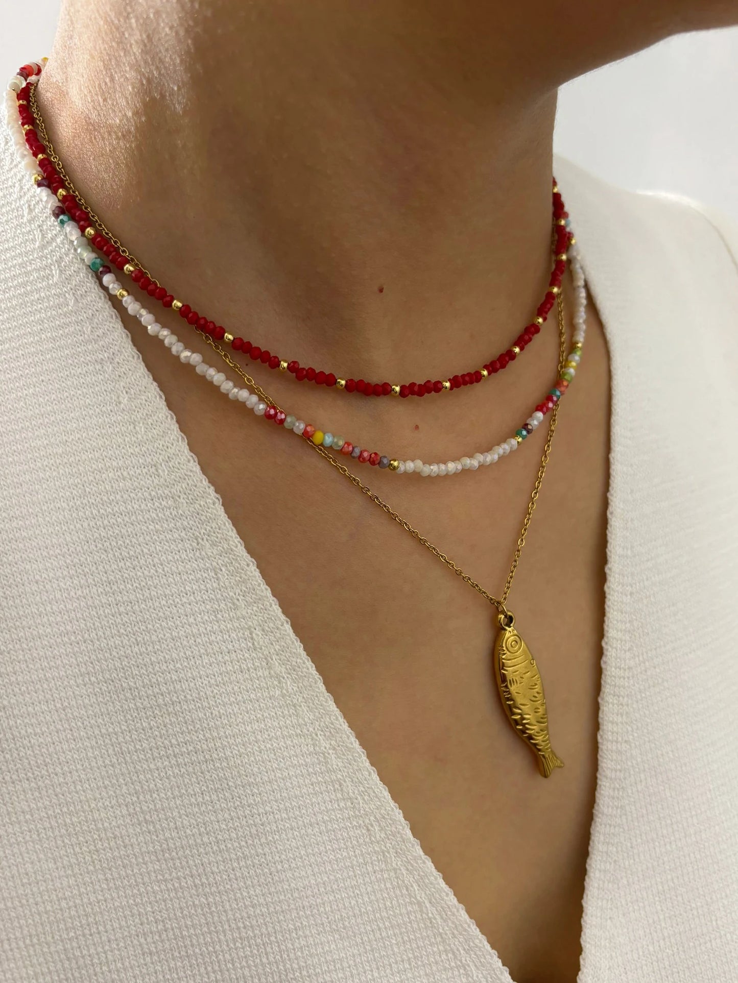PerisBox Boho Colorful Acrylic Beaded Necklace with 18K Gold Plated Solid Fish Pendant Waterproof Stackable Jewelry for Women