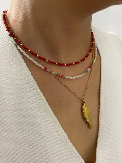 PerisBox Boho Colorful Acrylic Beaded Necklace with 18K Gold Plated Solid Fish Pendant Waterproof Stackable Jewelry for Women