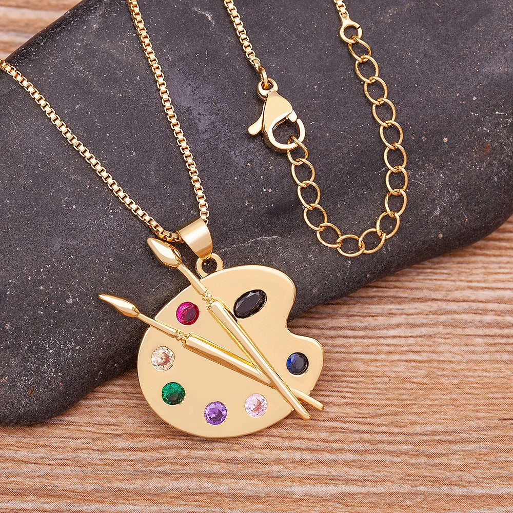 Colorful Zirconia Palette Pendant Necklace for Women Art-Inspired Brush Chain Jewelry