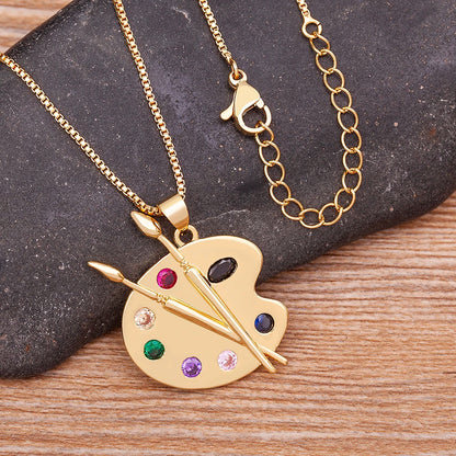 Colorful Zirconia Palette Pendant Necklace for Women Art-Inspired Brush Chain Jewelry