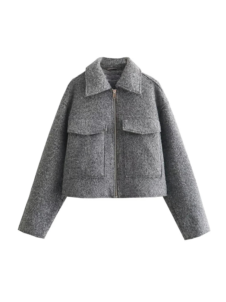 Tweed Cropped Jacket For Women Zip Front Autumn Coat