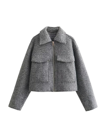 Tweed Cropped Jacket For Women Zip Front Autumn Coat