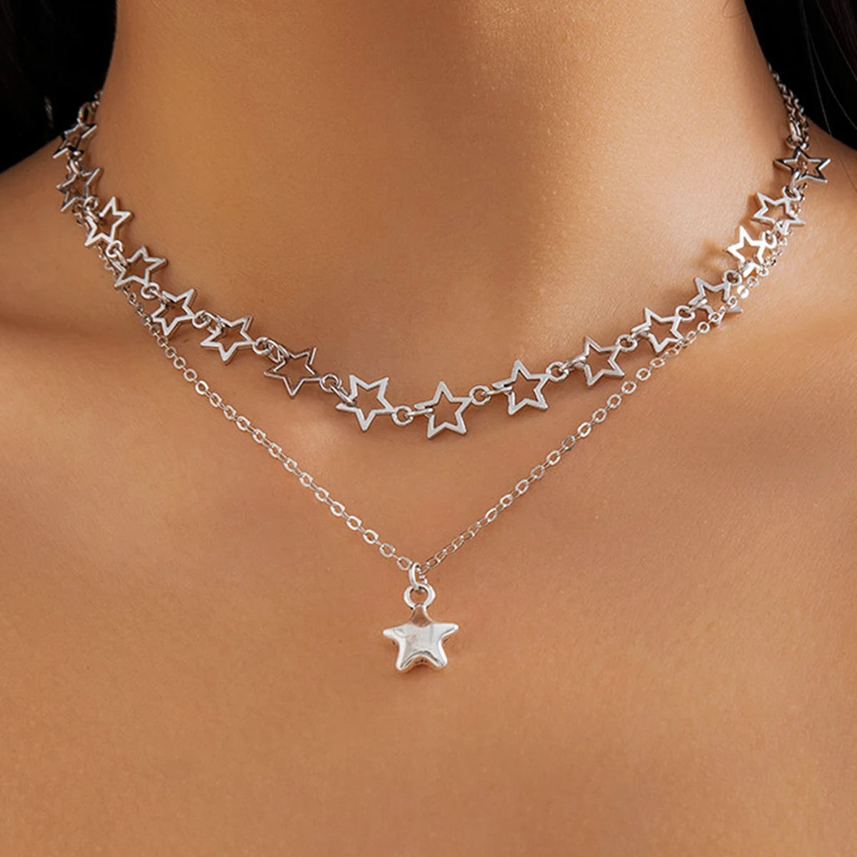 Stylish Punk Hollow Star Pendant Necklace Set for Women - Silver Metal Link Chain Choker by IngeSight.Z