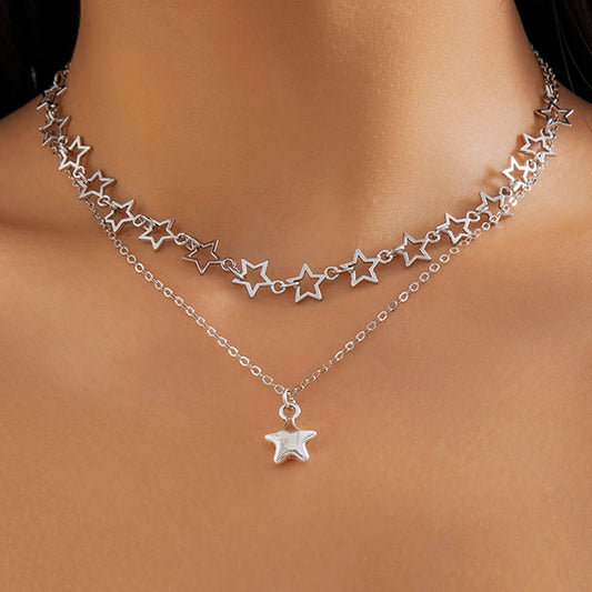 Stylish Punk Hollow Star Pendant Necklace Set for Women - Silver Metal Link Chain Choker by IngeSight.Z