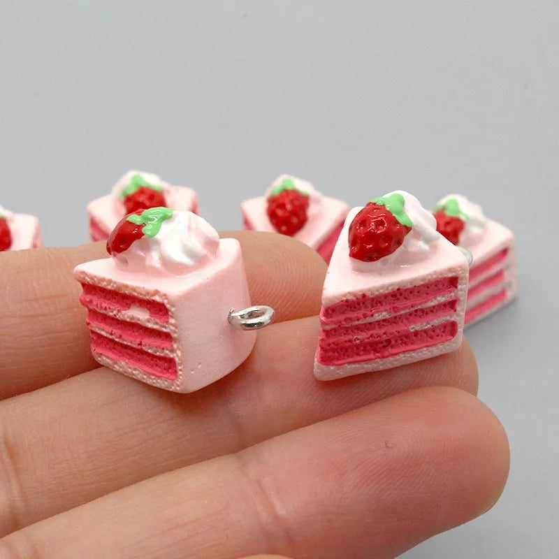 10 Piece Pack Cute 3D Strawberry Cake Resin Charms for DIY Jewelry Accessories