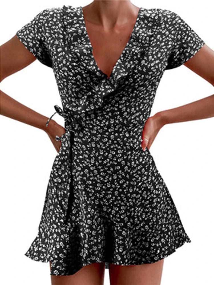 Summer Floral Bandage Mini Dress V Neck Ruffles A Line Chic