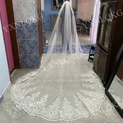 Ivory Cathedral Tulle Bridal Veil With Lace Edge And Comb