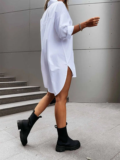 Womens Solid Button Front Shirt Dress Casual Long Sleeve