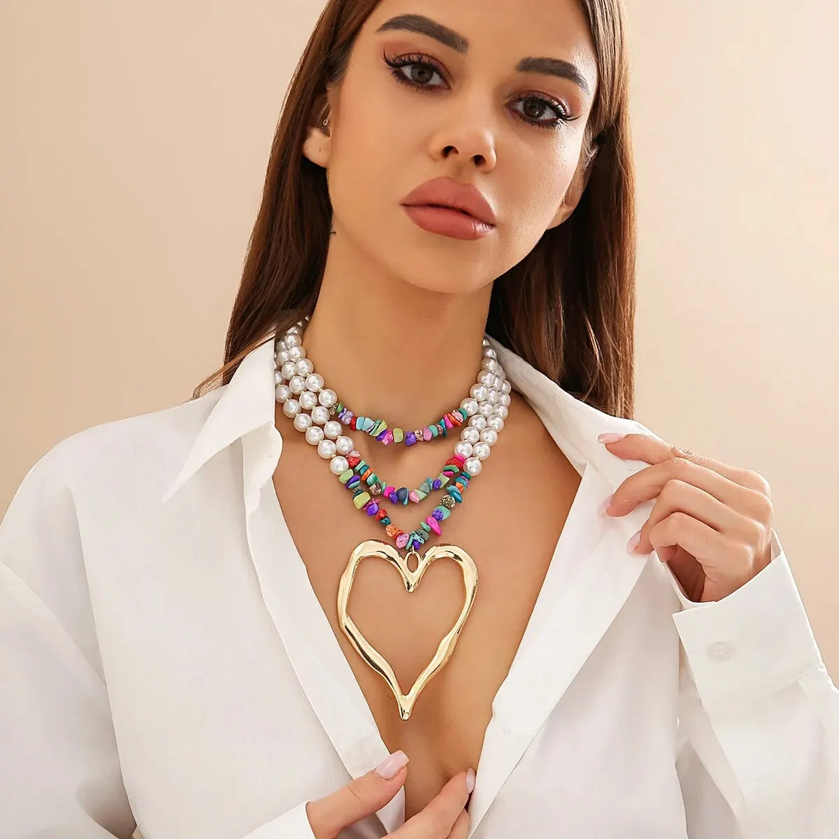 Elegant Gothic Love Heart Pendant Choker Necklace for Women with Multilayer Imitation Pearl Chain
