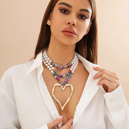 Elegant Gothic Love Heart Pendant Choker Necklace for Women with Multilayer Imitation Pearl Chain