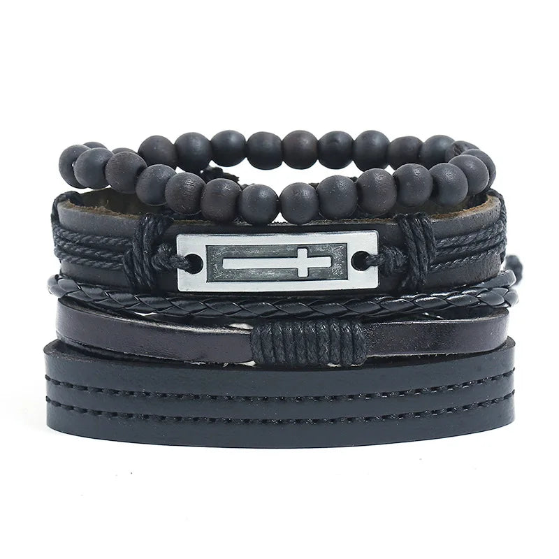 ZORCVENS Men's Handmade Braided Leather Bracelet Set - Vintage Black Punk Fashion Gift