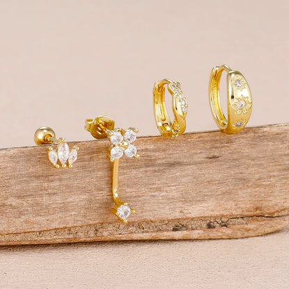 4PCS Fashion Stainless Steel Zirconia Star Huggie Hoop Earrings Set with Flower Studs for Women