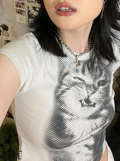Harajuku Animal Print Crop Top White Slim Crewneck Vintage